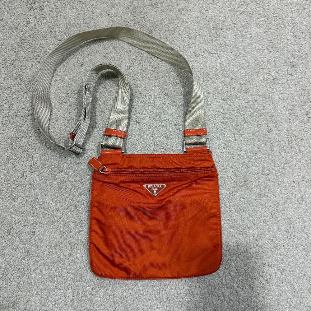 Authentic Prada Nylon Crossbody bag, Orange, adjustable shoulder strap